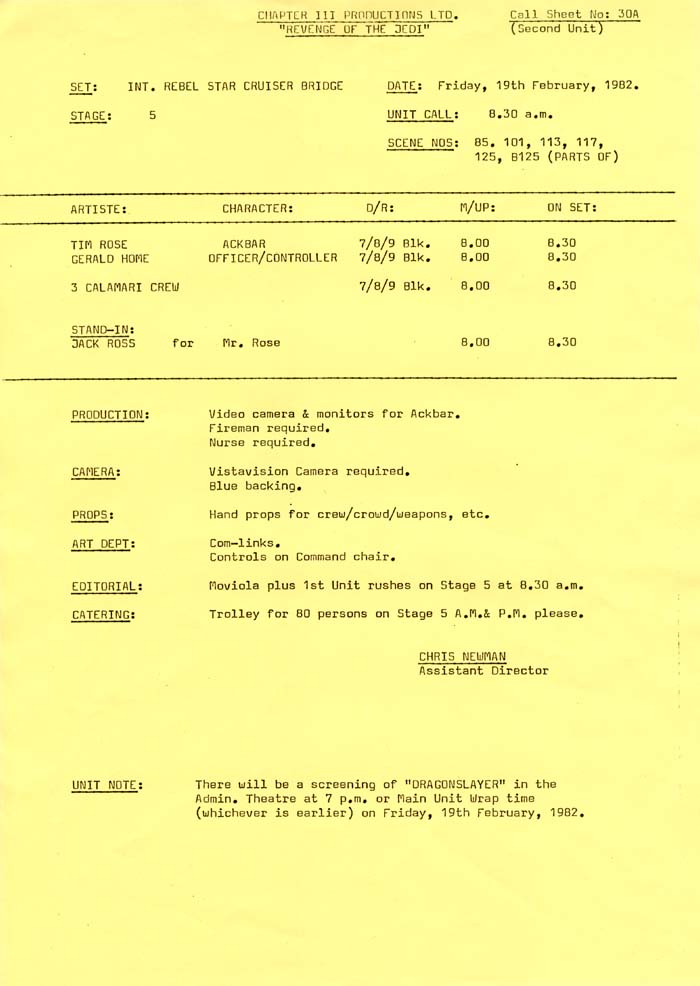 Call Sheet No. 30a