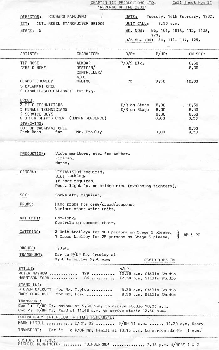 Call Sheet No. 27